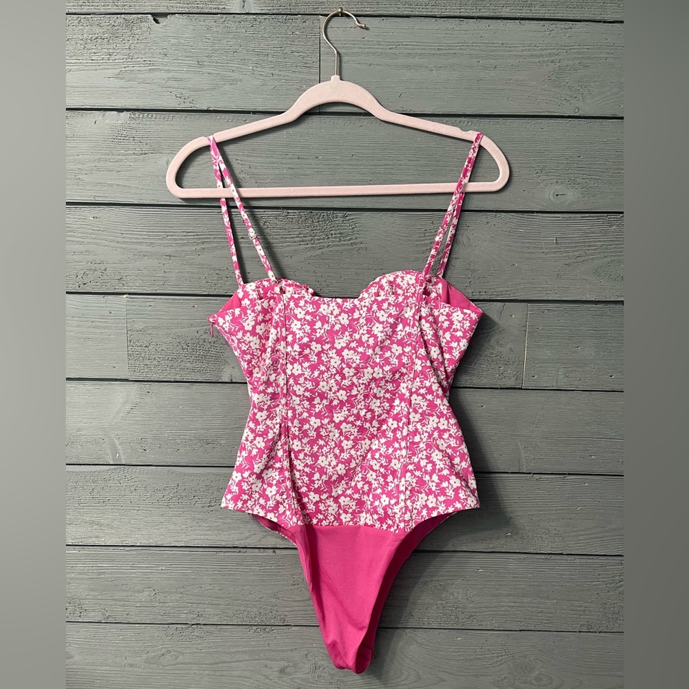NWT Zara Pink White Floral Print Corset Bodysuit Sz S Summer Fest Beach Party - Picture 7 of 11